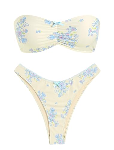 ZAFUL Women's Strapless Bikini Openwork Textured Bow Ruched Lace Up High Cut Bandeau Swimsuit Bathing Suits