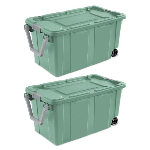 Ratiyae 40 Gallon Wheeled Industrial Tote Rugged Plastic Storage Bin Latch Lid Light Green 12 Count