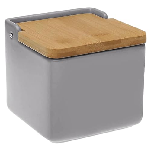 TIENDA EURASIA - Salero de Cocina de Cerámica | Color Gris | Tapa Abatible de Bambú | Medida 12 x 12 x 11 cm | Saleros Originales