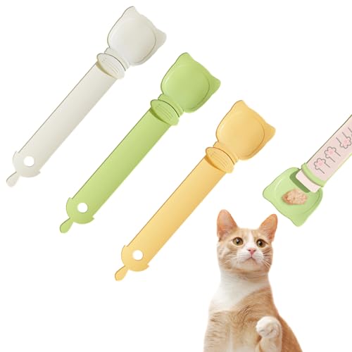 LINCAN 3PCS Cat Strip Feeder, Cat Strip Squeeze Spoon, Cute Cat Head Shaped Cat Food Strip Spoon, Multifunctional 2-in-1 Lickable Cat Food Dispenser, Cat Food Spoons for Wet Food Cat Pet Supplies
