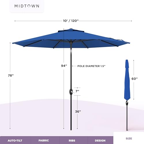 Image of Midtown Umbrellas - The Lean 10 Ft Patio Umbrella with 10-Year-No-Fade Acrylast Acrylic Fabric, Auto-Tilt and 8 Reinforced Ribs for Deck, Pool, Garden, Hotel & Cafes - Deep Atlantic Canopy, Black Pole