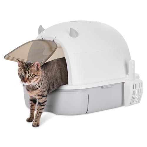 The Fellie Large Cat Litter Tray, Hooded Cat Litter Box with Drawer Pan and Scoop, Kitty Litter Tray with Lid and Handle for Privacy and Portability, Odor Control Litter Box with Carbon Filter, Grey