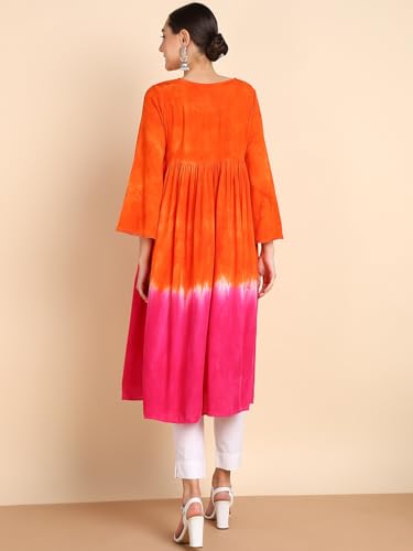 Image of Maaesa Women Handcrafted Tie-Dye Rayon A-Line Dress | Casual Wear & Office Wear | 3 /4 Sleeve | V-Neck | Lightweight & Breathable Fabric