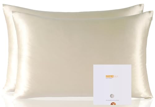 ZIMASILK 100% Pure Mulberry Silk Pillowcase 2 Pack, Soft and Smooth,Both Sides Premium Grade 6A Silk,600 Thread Count,with Hidden Zipper for Men and Women Family (Standard 20"x26", Beige)