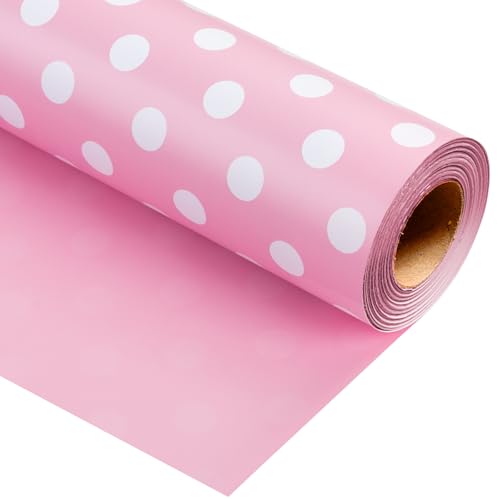 Burymento Pink and White Dots Wrapping Paper, Reversible Pink Gift Wrap for Birthday, Valentines, Mothers day, Graduation, Wedding, Fathers day, Baby Shower, Christmas (17in x 32.8ft)