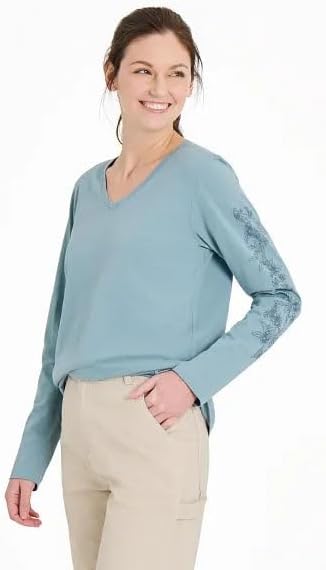 Life is Good. Women's Blossom Branches Long Sleeve Crusher-LITE Vee, Smoky Blue