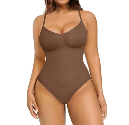 FeelinGirl Body Sculptant Femme Ventre Plat Sans Couture Shapewear String Bodysuit（Brun olive,M/L）
