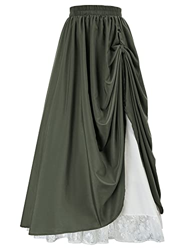 Damen Steampunk Weihnachten Rock mit Rüsche und Spitzensaum Elastische Taille A-Linie Rock Olivgrün M