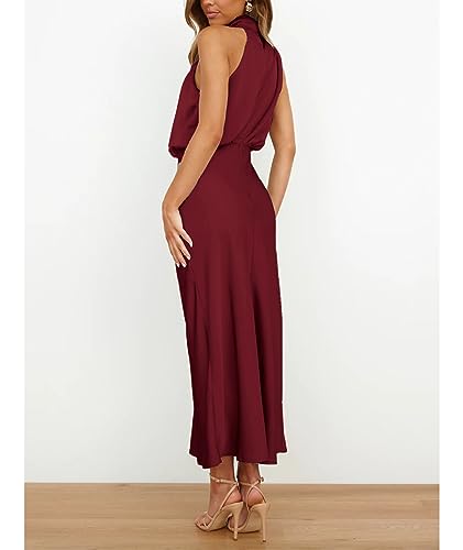 Image of Sexyshine Women's Elegant Halter Tie Neck Sleeveless Satin Long Dress Backless Split Cocktail Party Formal Wedding Maxi Dress