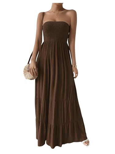 SOLY HUX Women's Strapless Tube Maxi Dress Shirred Sleeveless A Line Ruffle Hem Flowy Long Dresses Sundress