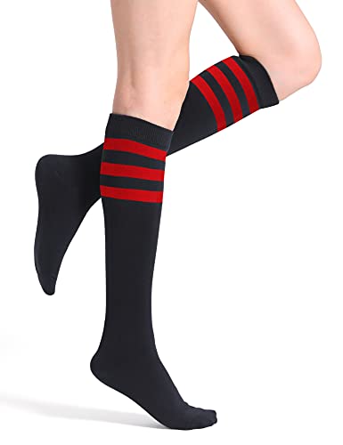 Joulli Women's Knee High Athletic Socks Stripe Tube Outdoor Sport Socks 3 Pairs, Black Mix #TOP4