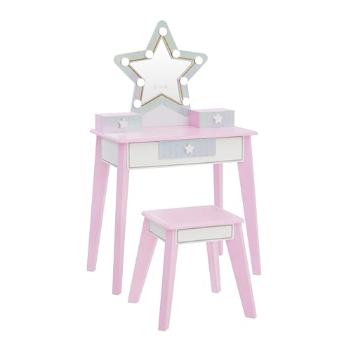 Teamson Kids Little Princess Star - Juego de tocador para niños con Espejo Iluminado LED, cajones de Almacenamiento y Taburete a Juego, Color Blanco y Rosa Claro