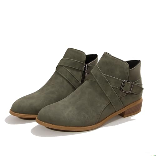 Women's Leather Buckle Strap Chunky Heel Ankle Boots with Side Zipper Fashion Comfortable Round Toe Low Stacked Heel Booties for Daily Casual Work Short Boots