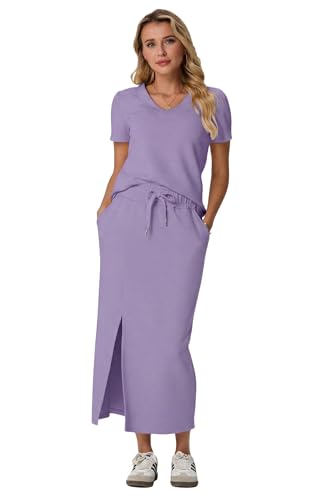 Image of GRECERELLE Women Summer Casual 2 Piece Sets V-Neck Wrinkle-Free Top & Elastic Waist Midi Side Slit Skirt with Pockets