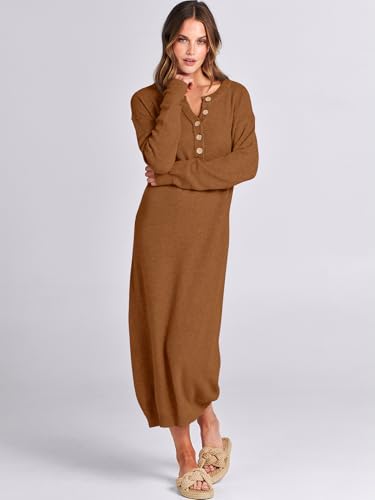 Image of ANRABESS Women Long Sleeve Button V Neck Oversized Casual Loose Fit Waffle Knit Fall Midi Sweater Dress 2026 Trendy Outfits