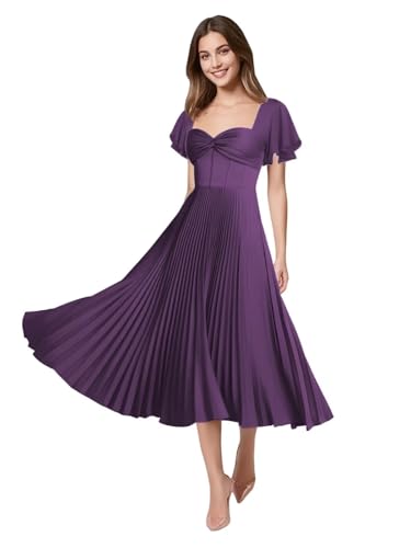 Satin Short Sleeves Bridesmaid Dress Tea Length Pleated Formal Midi Dress QA269