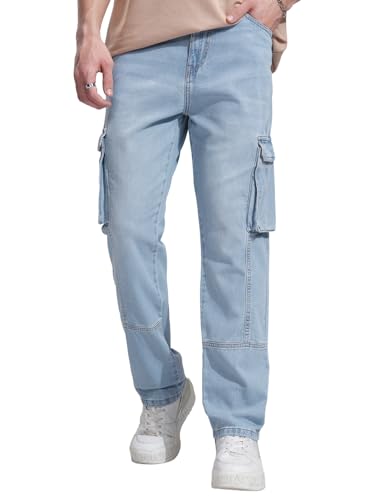 Image of Highlander Men's Relaxed-Fit Cargo Pocket Jeans | Clean Look | Cotton Comfort | Utility Style| Cargo Jeans for Man