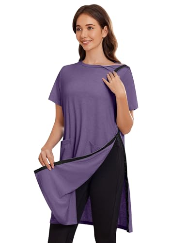 Image of Deyeek Women's Post Shoulder Surgery Hospital Gowns Tear Away Short Sleeve Full Open Side Snap Adaptive Clothing Nightgowns