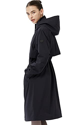 Off The Door Women's Long Trench Coat Lightweight Rain Jacket Hooded Active Outdoor Anorak Raincoat Windbreaker (Navy, Large, L) #TOP22