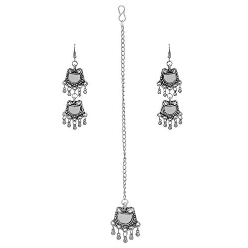 Jwellmart Women Indian Bridal Collection Oxidized Silver Mirror Work Maang Tikka Earring Set