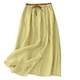Women's Cotton Linen Midi Skirt with Pockets Casual Flowy Swing Elastic High Waist A-Line Split Long Boho Skirts Yellow M