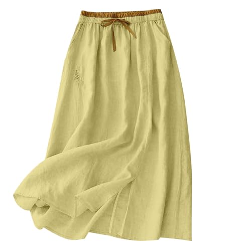 Women's Cotton Linen Midi Skirt with Pockets Casual Flowy Swing Elastic High Waist A-Line Split Long Boho Skirts Yellow M