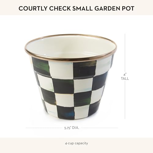 MACKENZIE-CHILDS Enamel Garden Pot, Planting Pot for Plants and Flowers, Small, Black-and-White Courtly Check