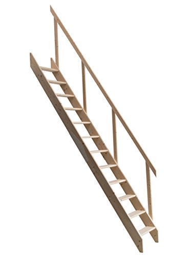 DOLLE Raumspartreppe aus unbehandelter massiver Fichte Höhe bis 283,5 cm inkl. Geländer mit zweigeteilter Wange