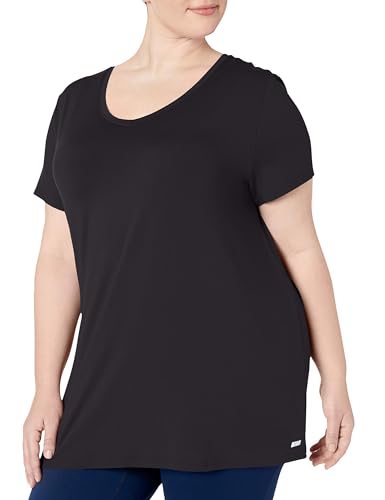 Amazon Essentials Damen Kurzärmeliges T-Shirt mit V-Ausschnitt aus Tech-Stretch-Stoff - Auslauffarben, 2er-Pack, Schwarz, L