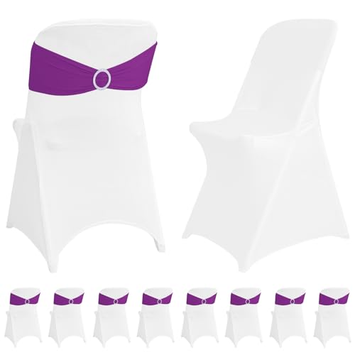HAISIWLKJ 10 Sets Stretch Spandex Folding Chair Cover White and Chair Sashes with Buckle Slider Chair Bands Bows, Washable Chair Slipcovers for Wedding Banquet Party Events Dining Decoration(Purple)