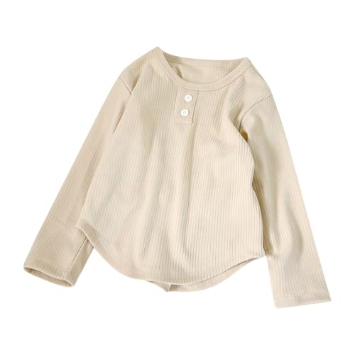 Kids Boys Girls Long Sleeve T-Shirt Crewneck Ribbed Athletic Shirt Toddler Comfy Base Layer Soft (Beige, 12-18 Months)