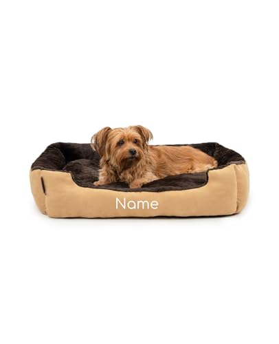 lionto Letto per cani con cuscino reversibile e base antiscivolo, cuscino con ingresso basso per cani e gatti di ogni età, 75x60 cm, cuccia accogliente, beige/marrone (con nome stampato)