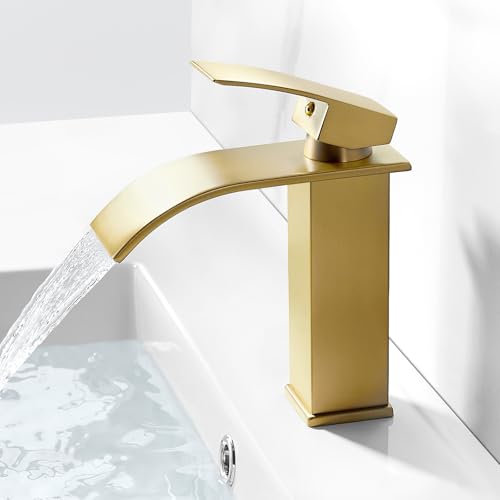kisimixer Robinet Salle Bain Cascade Doré Brossé, Mitigeur Lavabo Salle de Bain en Laiton, Robinet Lavabo sans Tirette ni Vidage, Mitigeur en Laiton avec Hauteur sous bec 115mm, Robinettrie Or