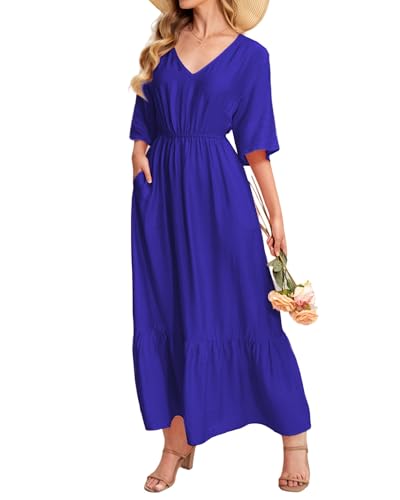 Image of Women's Summer Short Sleeve Maxi Floral Flowy Dresses with Pockets