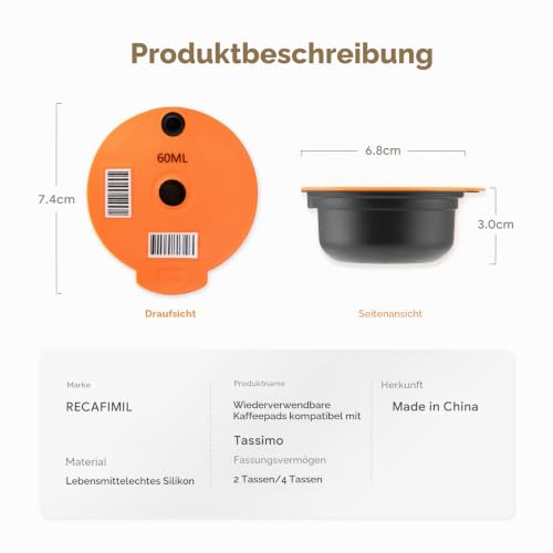 RECAFIMIL Mehrweg-Kaffeekapsel, 180 ml, nachfüllbar mit 60-ml-Ersatzdeckel, PP-Kunststoff, kompatibel mit Tassimo-Kaffeemaschinen – Ansicht 2
