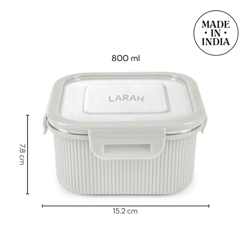 Image of Larah by BOROSIL Freshbyte Food Storage Container with Airtight Stainless Steel Lid | Fridge Container for Lunchbox | Food Grade | Microwave Safe (Grey, 800 ml, Square)