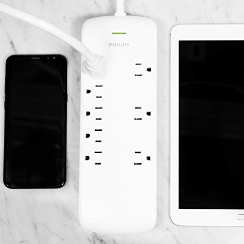 Image of Philips 8 Outlet Power Strip Surge Protector, 8ft Extra-Long Power Cord, Flat Plug, Wall Mount, 2160 Joules, ETL Listed, Circuit Breaker, Automatic Shutdown, White, SPP3086WB /37