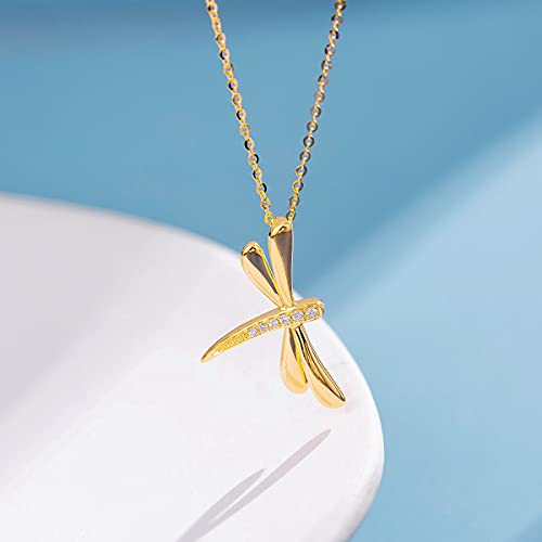 FANCIME 14K Real Solid Gold Necklace with Dragonfly Diamond Pendant Fine Jewelry Promise Anniversary Birthday Christmas Gifts for Her Women Girls Adjustable Chain 16"+2"3