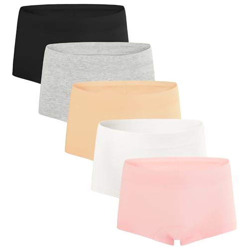 INNERSY Boxer Niña Algodón Bragas Culotte Adolescente Elástico Braguitas Calzoncillos Pack de 5 (14-16 Años, Rosa/Negro/Blanco/Beige/Gris)