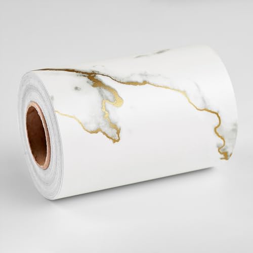 Wallercity White/Gold Marble Border Contact Paper for Glass Window Door Wall Decor Peel and Stick Wallpaper Borders for Kitchen Bathroom Mirror Frame Trim 3.94''x394'' Vinyl Marble Border Stickers