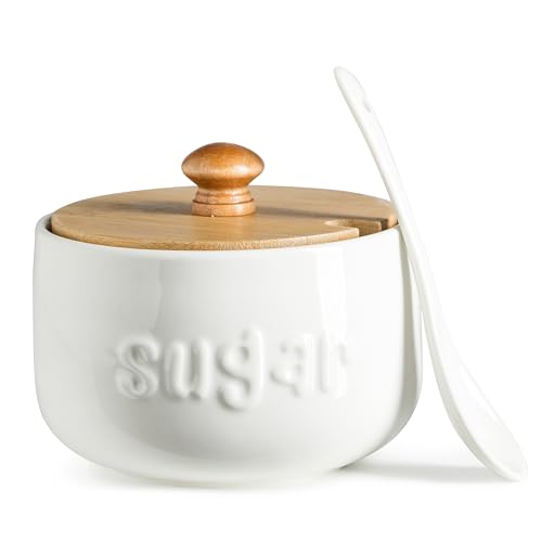 LYEOBOH Sugar Bowl with Lid and Spoon, 17 OZ Ceramic Sugar Jar for Counter