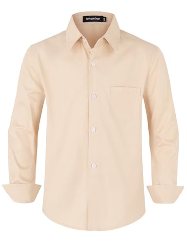 Spring&Gege Long Sleeve Boys' School Shirts Generous Fit School Uniform Cotton Non-Iron Button-Down Shirts Boys Wedding Party Suit (Beige,11-12Years)