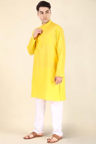 Image of Men's Cotton Solid Kurta Set Mandarin Collar Regular Fit Long Sleeves Ethnic Dress