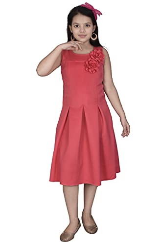 Image of Sky Heights Girl's Cotton A-Line Midi Dress (Scuba Platting Gajri Orange 8 9 Years)