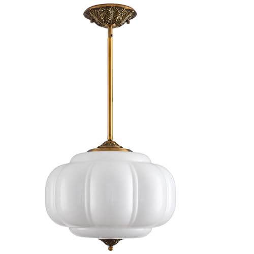 LOUSACE 15 in White Milk Glass Ceiling Light Fixture, Semi Flush Mount Vintage Milk Glass Pendant Light for Kitchen Island Hallway Bedroom Dining Room, LED Bulb Included