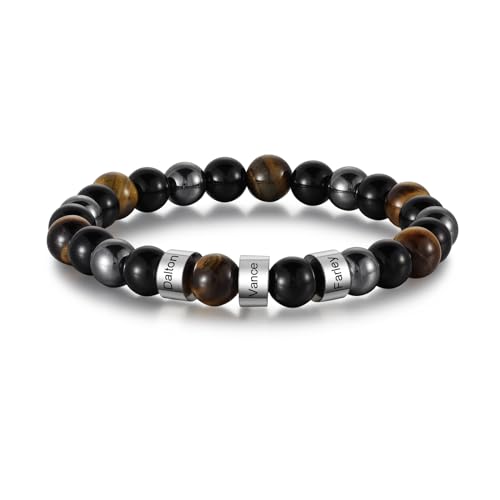 Amsgedhie Personalized Tiger Eye Bead Bracelet Men: Custom 1-5 Name Beaded Bracelets For Men cover