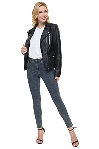 Fahsyee Leather Jacket for Women Faux Stand Collar Zip Up Motorcycle Short PU Moto Biker Outwear Coat2