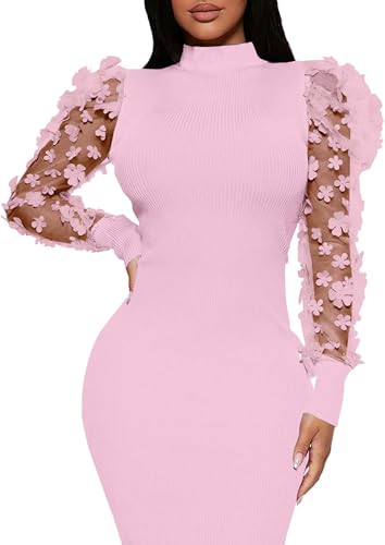Image of Annystore Women's Elegant Mock Neck Sheer Long Sleeve Mesh Bodycon Dress Ribbed Club Party Pencil Midi Dresses Clubwear