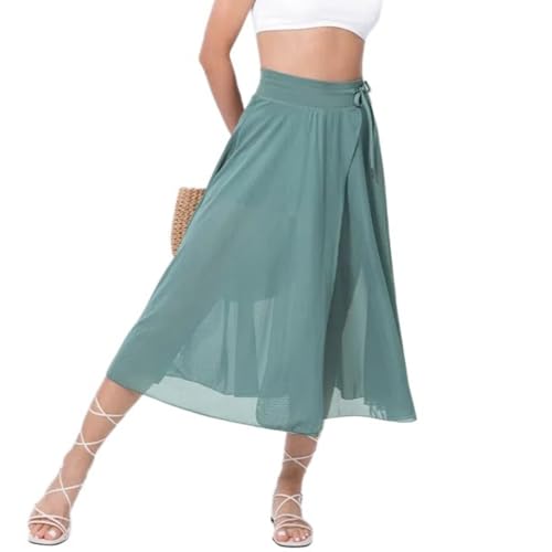 Women's Fashion Sheer Mesh Skirt Front Slit Knee Length A Line Flowy Prom Midi Skirt