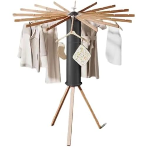 REENEW 衣類乾燥ラック 洗濯物干し 室内物干し 折りたたみ式 物干しスタンド 衣類ラック 省スペース 360度回転乾燥ラック 格納式乾燥ラック 床置き乾燥ラック コンパクト収納 家庭用 (ブラック,木製の足+ポール)